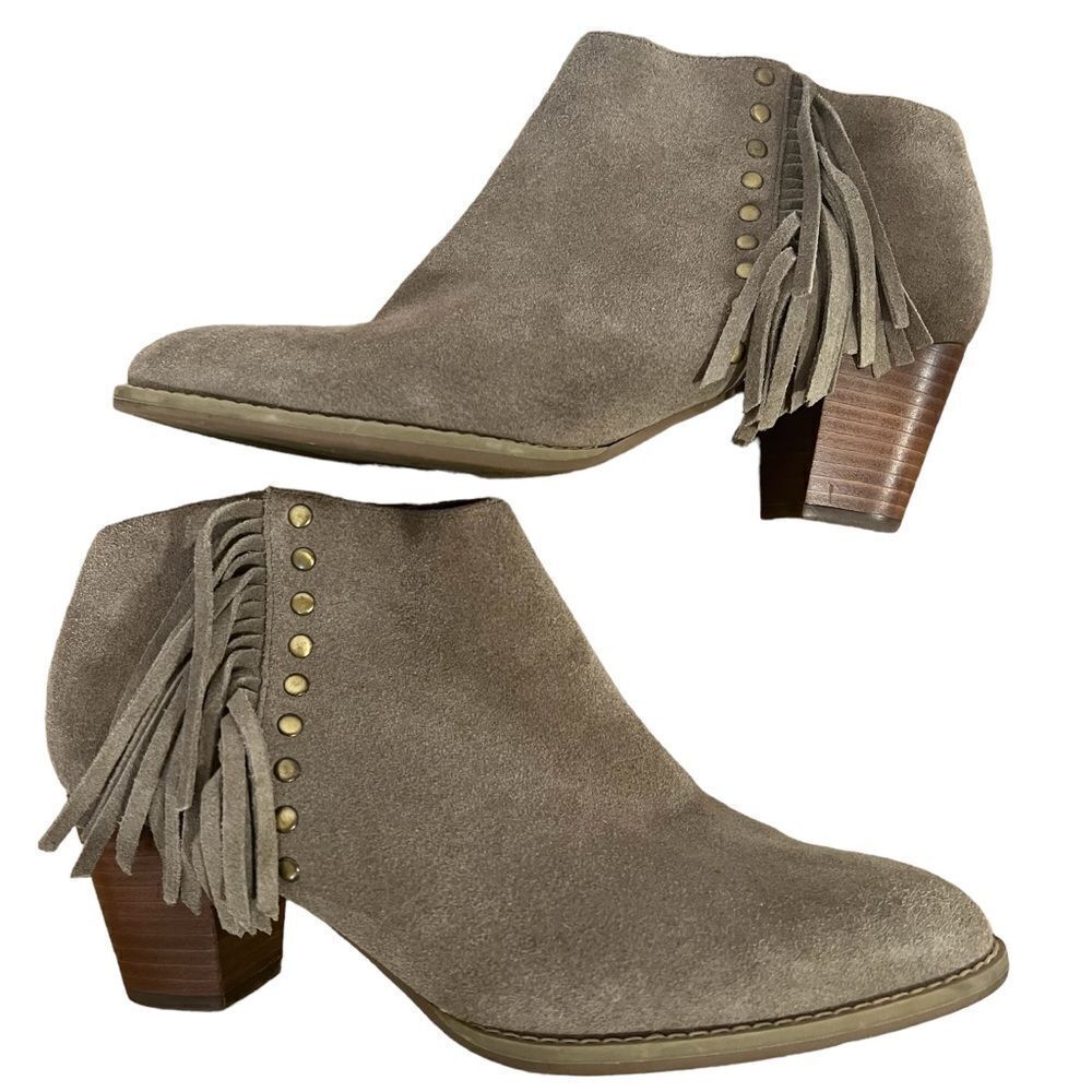 Vionic Faros Fringed Bootie Womens 9.5M Taupe Suede Studded Boots